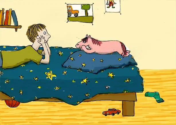 Illustration von David mit seinem rosafarbenen Pony