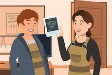 Animation von einer Mutter mit Ultraschallbild bei einer Arbeitgeberin