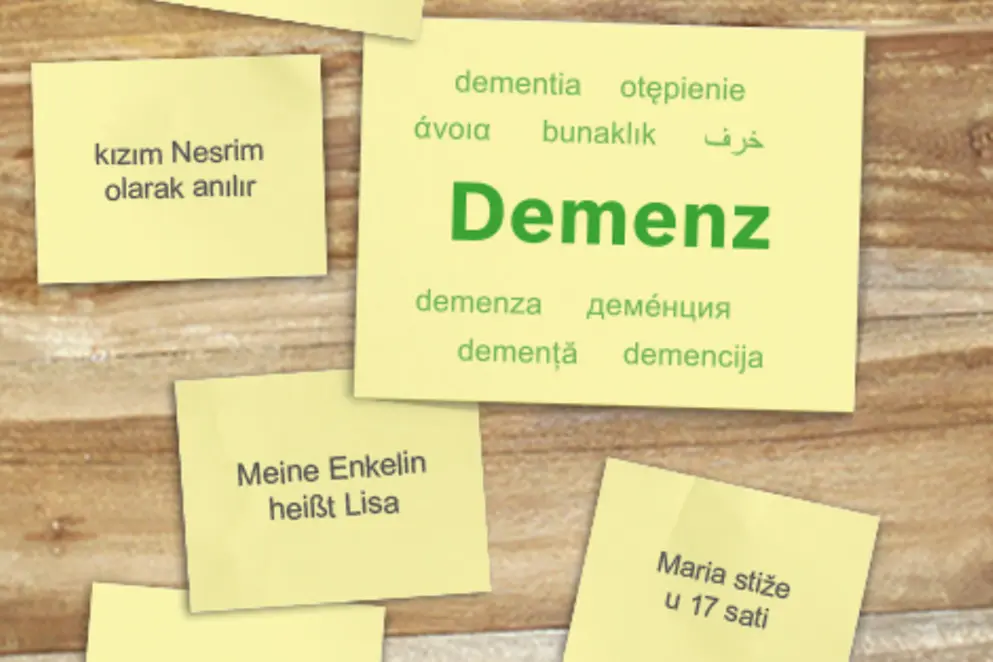 Das Bild zeigt Post-Its mit dem Wort Demenz in verschiedenen Sprachen