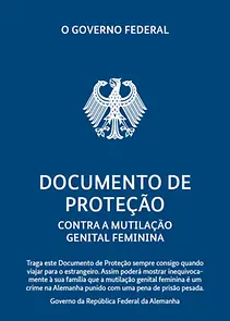 Titelseite vom Schutzbrief gegen weibliche Genitalverstümmelung in Portugiesisch