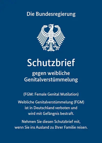 Titelseite vom Schutzbrief gegen weibliche Genitalverstümmelung in einfacher Sprache