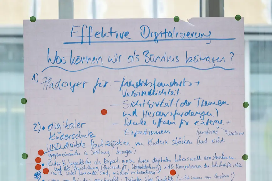 Ein Blatt hängt an einem Fenster, darauf stehen Punkte für eine effektive Digitalisierung