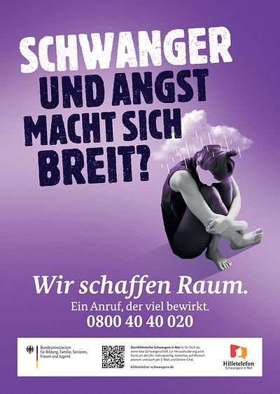 Plakatmotiv in Lila vom Hilfetelefon „Schwangere in Not“ - Schwanger und Angst macht sich breit?