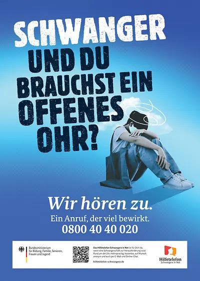 Plakatmotiv in Blau vom Hilfetelefon „Schwangere in Not“ - Schwanger und du brauchst ein offenes Ohr?