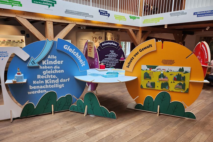 Einzelne Module der Ausstellung mit verschiedenen Aufschriften zu den Kinderrechten