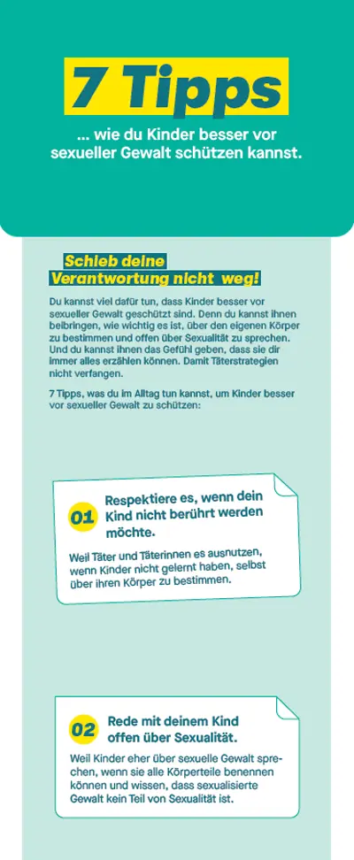 Titelseite vom Flyer "7 Tipps ... wie du Kinder besser vor sexueller Gewalt schützen kannst."