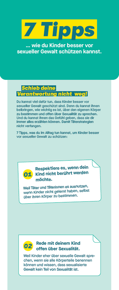 Titelseite vom Flyer "7 Tipps ... wie du Kinder besser vor sexueller Gewalt schützen kannst."