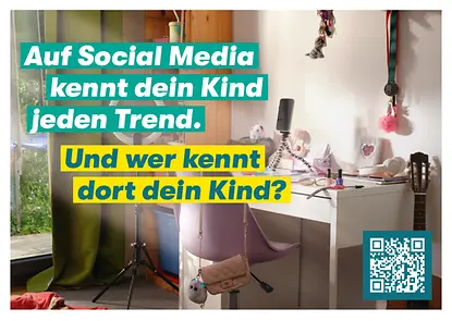 Ansicht der Postkarte "Auf Social Media kennt dein Kind jeden Trend. Und wer kennt dort dein Kind?"