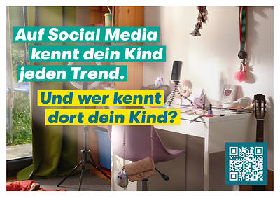 Ansicht der Postkarte "Auf Social Media kennt dein Kind jeden Trend. Und wer kennt dort dein Kind?"