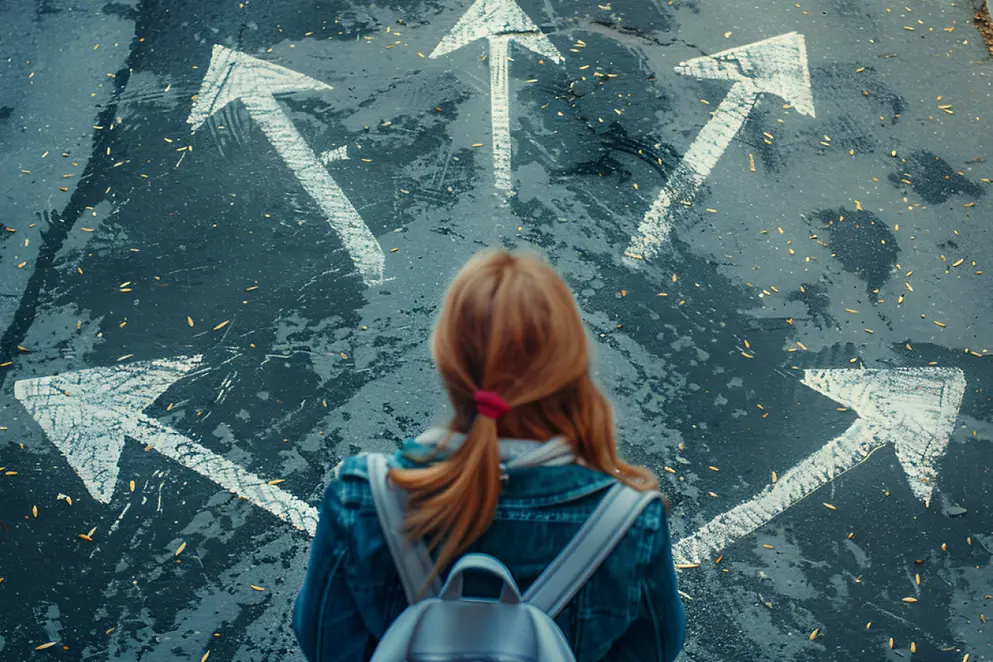Eine Frau mit rotem Haar blickt nach unten. Kreidepfeile auf dem Boden zeigen in unterschiedliche Richtungen