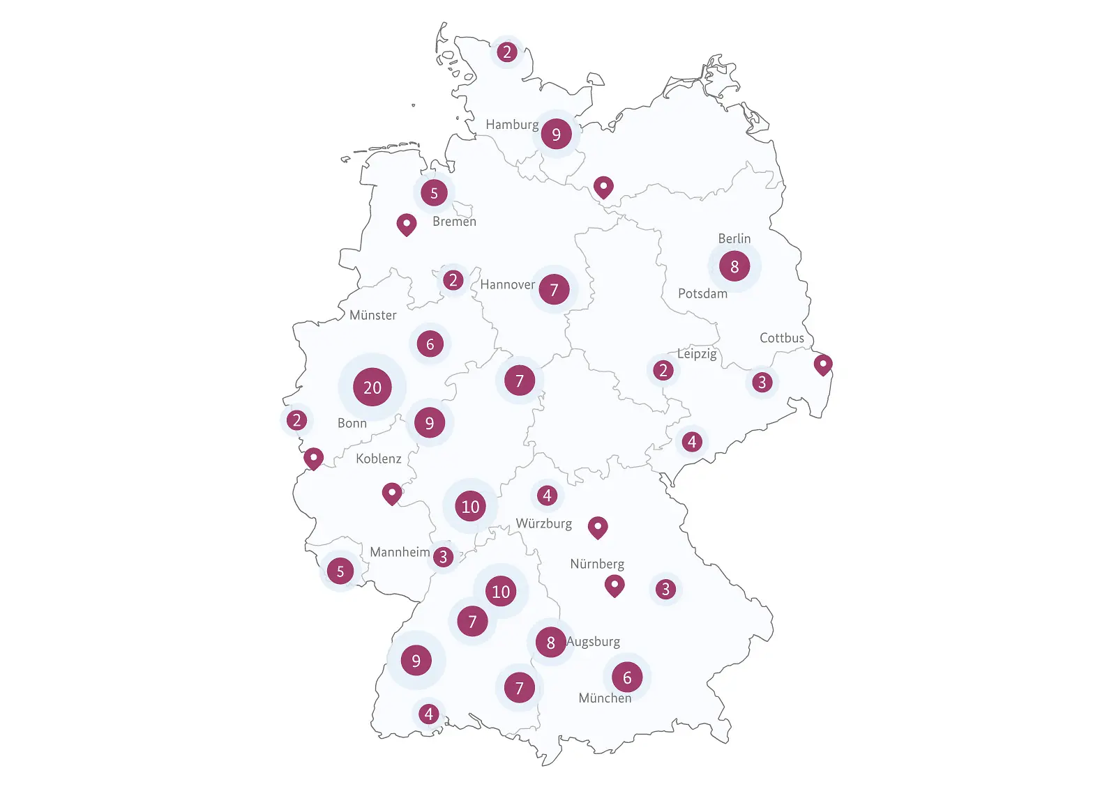 Eine Deutschlandkarte mit nummerierten Punkten für die Standorte der Weiterbildungsmentoren:innen