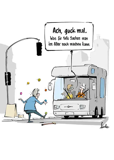 Titelbild der Postkarte "Aktivrente" vom Karikaturenwettbewerb "Wer zuletzt lacht" 