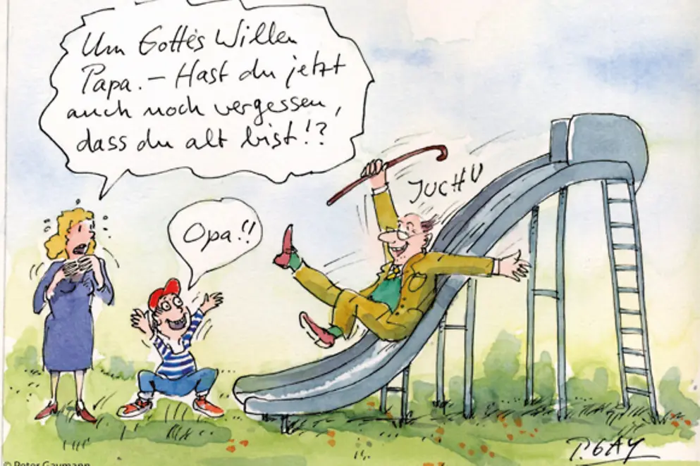 Karikatur eines älteren Mannes, der jubelnd eine Rutsche hinunterrutscht, Bildnachweis: Peter Gaymann